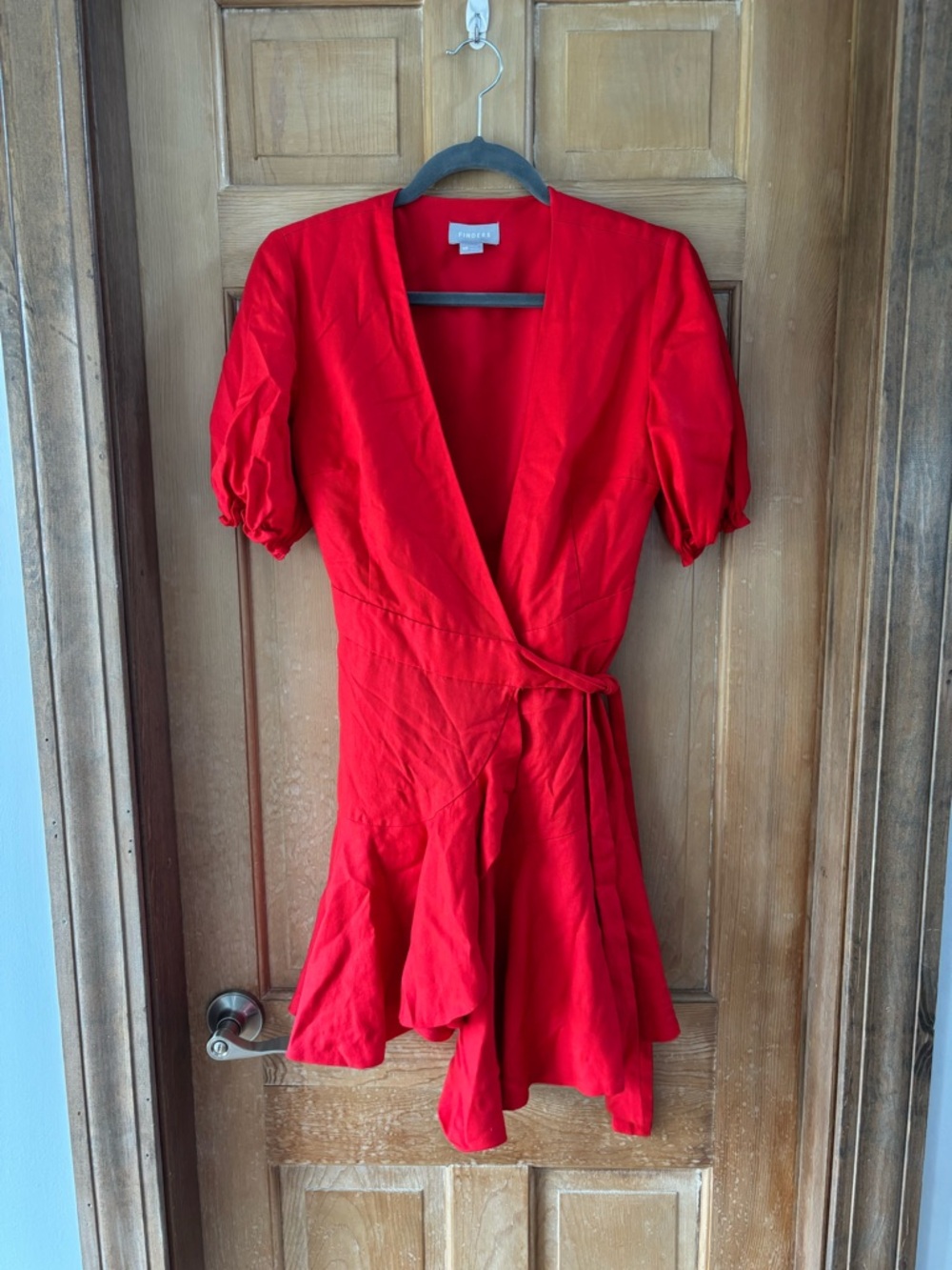 Finders Red Wrap Mini Dress XS Puff Sleeve Ruffle Hem Romantic Date Night